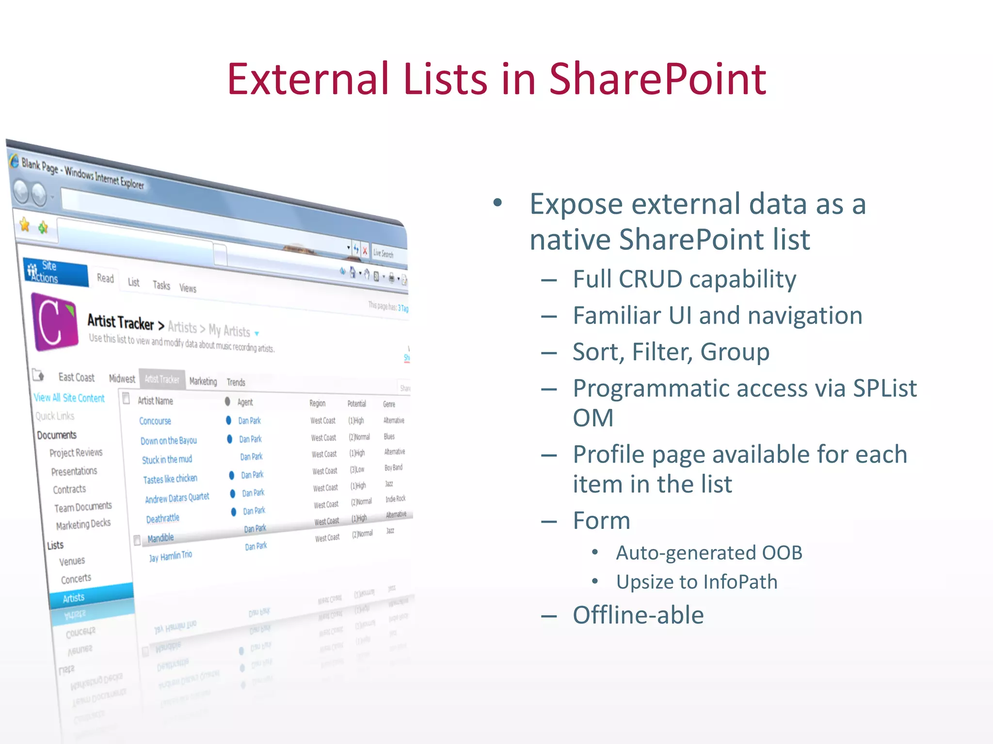 External Lists in SharePoint

             • Expose external data as a
               native SharePoint list
                – Full CRUD capability
                – Familiar UI and navigation
                – Sort, Filter, Group
                – Programmatic access via SPList
                  OM
                – Profile page available for each
                  item in the list
                – Form
                    • Auto-generated OOB
                    • Upsize to InfoPath
                – Offline-able
 