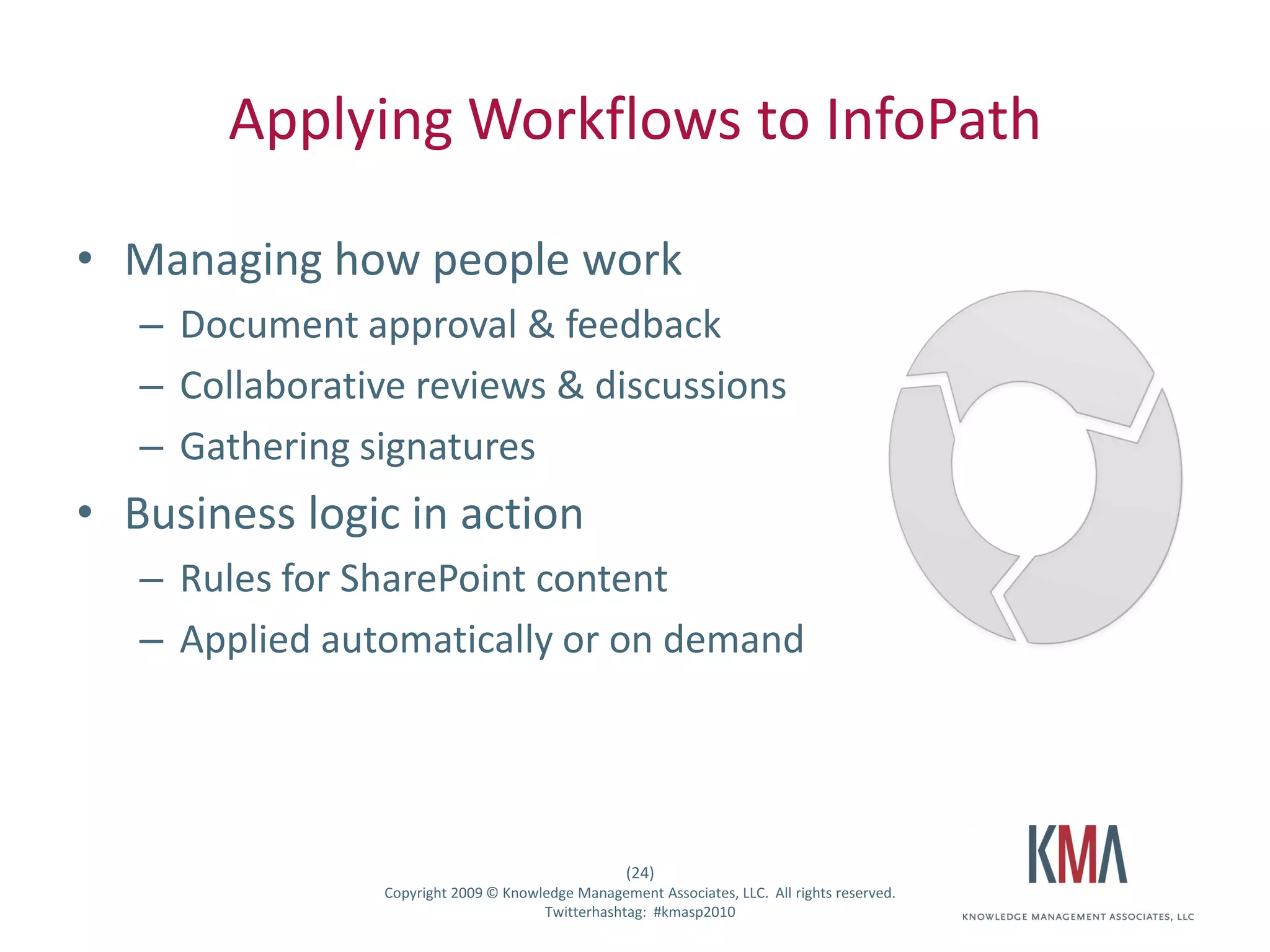Applying Workflows to InfoPath

• Managing how people work
         – Document approval & feedback
         – Collaborative reviews & discussions
         – Gathering signatures
• Business logic in action
         – Rules for SharePoint content
         – Applied automatically or on demand




                                                           (24)
Twitter hashtag:        Copyright 2009 © Knowledge Management Associates, LLC. All rights reserved.
                                              Twitterhashtag: #kmasp2010
 