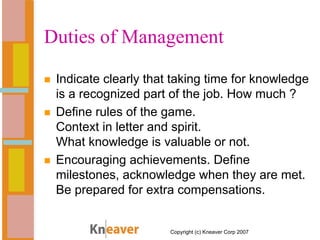 Copyright (c) Kneaver Corp 2007
Duties of Management
Indicate clearly that taking time for knowledge
is a recognized part ...