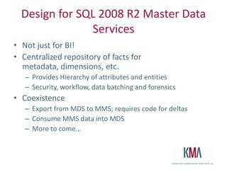 Design ConsiderationsOpenness vs. closed term setsTag securityDynamic external tagsContent types & site columns - practical guidanceRole of Master Data Services in SQL 2008 R2Programmability & CustomizationDark secrets…