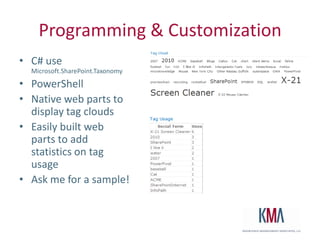 Design - OpennessFolksonomy - Managed Keywords are usually “open”, and allow users to add new terms interactively through tagging.   Taxonomy - Managed term stores are usually closed, and require administrators to add new terms.  Open folksonomies and closed taxonomies is a good practice.  May become a best practiceWatch trends in casual social tags and evaluate “promotion”  to formal taxonomy.