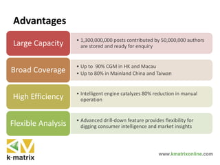 Advantages
• 1,300,000,000 posts contributed by 50,000,000 authors
are stored and ready for enquiryLarge Capacity
• Up to 90% CGM in HK and Macau
• Up to 80% in Mainland China and TaiwanBroad Coverage
• Intelligent engine catalyzes 80% reduction in manual
operationHigh Efficiency
• Advanced drill-down feature provides flexibility for
digging consumer intelligence and market insightsFlexible Analysis
 
