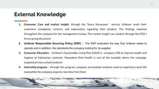 External Knowledge
1. Consumer Care and market insight: through the ‘Suara Konsumen’ service, Unilever reach their
customers complaints, concern, and expectation regarding their product. The findings reported
throughout the company for the management review. The market insight can conduct through the FGD (
forum group dicussion)
2. Unilever Responsible Sourcing Policy (RSP) : The RSP embodies the way that Unilever seeks to
operate and in addition, the standards the company looking for its supplier
3. Consumer Education : Unilever’s Sustainable Living Plan (USLP) is company CSR to improve health and
hygiene of Indonesian customer. Pepsodent Oral Health is one of the example where the campaign
targeted primary school students
4. Internship program : through this program, company accomodate students need to experience work life
meanwhile the company acquires new idea from them
 