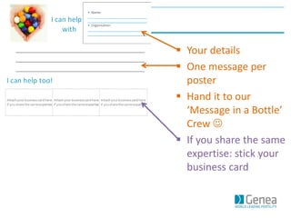  Your details
 One message per
poster
 Hand it to our
‘Message in a Bottle’
Crew 
 If you share the same
expertise: stick your
business card
 