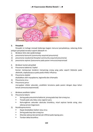  Keperawatan Medikal Bedah I 
122
2. Penyebab
Penyakit ini terbagi menjadi beberapa bagian menurut penyebabnya, sekarang Anda
pelajari penyebab tersebut seperti dibawah ini:
a. Berdasar klinis dan epidemiologis
1) pneumonia komuniti (community-acquired pneumonia)
2) pneumonia nosokomial (hospital-community-acquired pneumonia)
3) pneumonia aspirasi /pneumonia pada pasien immunocompromised
b. Berdasar kuman penyebab
1) Pneumonia bakterial / tipikal
Kuman mempunyai tendensi menyerang orang yang peka seperti klebsiela pada
alkoholik, staphylococcus pada paska infeksi influensa
2) Pneumonia atipikal
disebabkan oleh mycoplasma, legionella dan chlamydia
3) Pneumonia virus
4) Pneumonia jamur
merupakan infeksi sekunder, predileksi terutama pada pasien dengan daya tahan
lemah (immunocompromised).
c. Berdasar predileksi infeksi
1) Pneumonia lobaris
 Sering pada pneumonia bakterial, jarang pada bayi dan orang tua.
 Terjadi pada satu lobus atau segmen paru
 Kemungkinan sekunder obstruksi bronkhus, misal aspirasi benda asing, atau
adanya proses keganasan.
2) Bronkhopneumonia
 Dapat disebabkan bakteri atau virus
 Sering pada bayi dan orang tua
 Ditandai adanya bercak-bercak infiltrat pada lapang paru
 Terebar dekat bronkhus
 