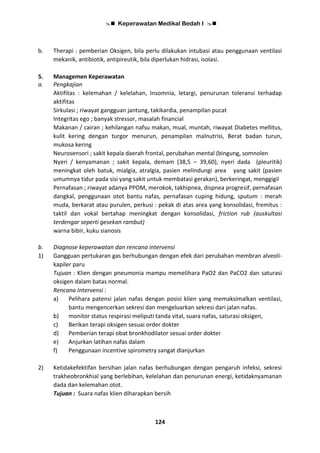  Keperawatan Medikal Bedah I 
124
b. Therapi : pemberian Oksigen, bila perlu dilakukan intubasi atau penggunaan ventilasi
mekanik, antibiotik, antipireutik, bila diperlukan hidrasi, isolasi.
5. Managemen Keperawatan
a. Pengkajian
Aktifitas : kelemahan / kelelahan, Insomnia, letargi, penurunan toleransi terhadap
aktifitas
Sirkulasi ; riwayat gangguan jantung, takikardia, penampilan pucat
Integritas ego ; banyak stressor, masalah financial
Makanan / cairan ; kehilangan nafsu makan, mual, muntah, riwayat Diabetes mellitus,
kulit kering dengan turgor menurun, penampilan malnutrisi, Berat badan turun,
mukosa kering
Neurosensori ; sakit kepala daerah frontal, perubahan mental (bingung, somnolen
Nyeri / kenyamanan ; sakit kepala, demam (38,5 – 39,60), nyeri dada (pleuritik)
meningkat oleh batuk, mialgia, atralgia, pasien melindungi area yang sakit (pasien
umumnya tidur pada sisi yang sakit untuk membatasi gerakan), berkeringat, menggigil
Pernafasan ; riwayat adanya PPOM, merokok, takhipnea, dispnea progresif, pernafasan
dangkal, penggunaan otot bantu nafas, pernafasan cuping hidung, sputum : merah
muda, berkarat atau purulen, perkusi : pekak di atas area yang konsolidasi, fremitus :
taktil dan vokal bertahap meningkat dengan konsolidasi, friction rub (auskultasi
terdengar seperti gesekan rambut)
warna bibir, kuku sianosis
b. Diagnose keperawatan dan rencana intervensi
1) Gangguan pertukaran gas berhubungan dengan efek dari perubahan membran alveoli-
kapiler paru
Tujuan : Klien dengan pneumonia mampu memelihara PaO2 dan PaCO2 dan saturasi
oksigen dalam batas normal.
Rencana Intervensi :
a) Pelihara patensi jalan nafas dengan posisi klien yang memaksimalkan ventilasi,
bantu mengencerkan sekresi dan mengeluarkan sekresi dari jalan nafas.
b) monitor status respirasi meliputi tanda vital, suara nafas, saturasi oksigen,
c) Berikan terapi oksigen sesuai order dokter
d) Pemberian terapi obat bronkhodilator sesuai order dokter
e) Anjurkan latihan nafas dalam
f) Penggunaan incentive spirometry sangat dianjurkan
2) Ketidakefektifan bersihan jalan nafas berhubungan dengan pengaruh infeksi, sekresi
trakheobronkhial yang berlebihan, kelelahan dan penurunan energi, ketidaknyamanan
dada dan kelemahan otot.
Tujuan : Suara nafas klien diharapkan bersih
 