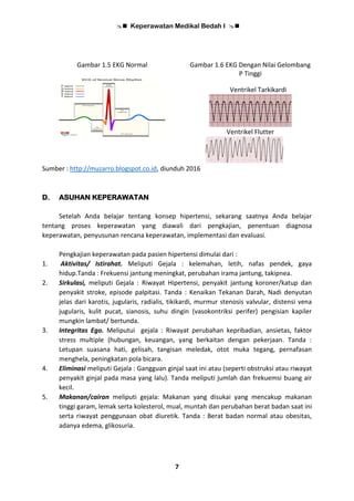  Keperawatan Medikal Bedah I 
7
Gambar 1.5 EKG Normal Gambar 1.6 EKG Dengan Nilai Gelombang
P Tinggi
Ventrikel Tarkikardi
Ventrikel Flutter
Sumber : http://muzarro.blogspot.co.id, diunduh 2016
D. ASUHAN KEPERAWATAN
Setelah Anda belajar tentang konsep hipertensi, sekarang saatnya Anda belajar
tentang proses keperawatan yang diawali dari pengkajian, penentuan diagnosa
keperawatan, penyusunan rencana keperawatan, implementasi dan evaluasi.
Pengkajian keperawatan pada pasien hipertensi dimulai dari :
1. Aktivitas/ Istirahat. Meliputi Gejala : kelemahan, letih, nafas pendek, gaya
hidup.Tanda : Frekuensi jantung meningkat, perubahan irama jantung, takipnea.
2. Sirkulasi, meliputi Gejala : Riwayat Hipertensi, penyakit jantung koroner/katup dan
penyakit stroke, episode palpitasi. Tanda : Kenaikan Tekanan Darah, Nadi denyutan
jelas dari karotis, jugularis, radialis, tikikardi, murmur stenosis valvular, distensi vena
jugularis, kulit pucat, sianosis, suhu dingin (vasokontriksi perifer) pengisian kapiler
mungkin lambat/ bertunda.
3. Integritas Ego. Meliputui gejala : Riwayat perubahan kepribadian, ansietas, faktor
stress multiple (hubungan, keuangan, yang berkaitan dengan pekerjaan. Tanda :
Letupan suasana hati, gelisah, tangisan meledak, otot muka tegang, pernafasan
menghela, peningkatan pola bicara.
4. Eliminasi meliputi Gejala : Gangguan ginjal saat ini atau (seperti obstruksi atau riwayat
penyakit ginjal pada masa yang lalu). Tanda meliputi jumlah dan frekuemsi buang air
kecil.
5. Makanan/cairan meliputi gejala: Makanan yang disukai yang mencakup makanan
tinggi garam, lemak serta kolesterol, mual, muntah dan perubahan berat badan saat ini
serta riwayat penggunaan obat diuretik. Tanda : Berat badan normal atau obesitas,
adanya edema, glikosuria.
 