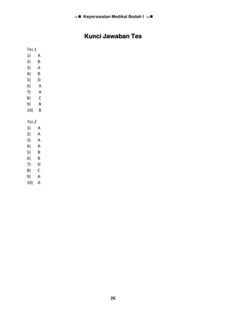  Keperawatan Medikal Bedah I 
26
Kunci Jawaban Tes
Tes 1
1) A
2) B
3) A
4) B
5) D
6) A
7) A
8) C
9) B
10) B
Tes 2
1) A
2) A
3) A
4) A
5) B
6) B
7) D
8) C
9) A
10) A
 