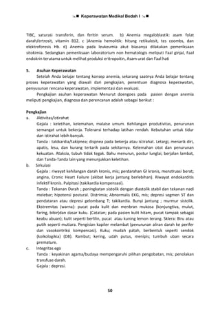  Keperawatan Medikal Bedah I 
50
TIBC, saturasi transferin, dan feritin serum. b) Anemia megaloblastik: asam folat
darah/ertrosit, vitamin B12. c )Anemia hemolitik: hitung retikulosit, tes coombs, dan
elektroforesis Hb. d) Anemia pada leukeumia akut biasanya dilakukan pemeriksaan
sitokimia. Sedangkan pemeriksaan laboratorium non hematologis meliputi Faal ginjal, Faal
endokrin terutama untuk melihat produksi eritropoitin, Asam urat dan Faal hati
5. Asuhan Keperawatan
Setelah Anda belajar tentang konsep anemia, sekarang saatnya Anda belajar tentang
proses keperawatan yang diawali dari pengkajian, penentuan diagnosa keperawatan,
penyusunan rencana keperawatan, implementasi dan evaluasi.
Pengkajian asuhan keperawatan Menurut doengoes pada pasien dengan anemia
meliputi pengkajian, diagnosa dan perencanan adalah sebagai berikut :
Pengkajian
a. Aktivitas/istirahat
Gejala : keletihan, kelemahan, malaise umum. Kehilangan produtivitas, penurunan
semangat untuk bekerja. Toleransi terhadap latihan rendah. Kebutuhan untuk tidur
dan istirahat lebih banyak.
Tanda : takikardia/takipnea; dispnea pada bekerja atau istirahat. Letargi, menarik diri,
apatis, lesu, dan kurang tertarik pada sekitarnya. Kelemahan otot dan penurunan
kekuatan. Ataksia, tubuh tidak tegak. Bahu menurun, postur lunglai, berjalan lambat,
dan Tanda-Tanda lain yang menunjukkan keletihan.
b. Sirkulasi
Gejala : riwayat kehilangan darah kronis, mis; perdarahan GI kronis, menstruasi berat;
angina, Cronic Heart Failure (akibat kerja jantung berlebihan). Riwayat endokarditis
infektif kronis. Palpitasi (takikardia kompensasi).
Tanda : Tekanan Darah ; peningkatan sistolik dengan diastolik stabil dan tekanan nadi
melebar; hipotensi postural. Distrimia; Abnormalis EKG, mis; depresi segmen ST dan
pendataran atau depresi gelombang T; takikardia. Bunyi jantung ; murmur sistolik.
Ekstremitas (warna): pucat pada kulit dan menbran mukosa (konjungtiva, mulut,
faring, bibir)dan dasar kuku. (Catatan; pada pasien kulit hitam, pucat tampak sebagai
keabu abuan); kulit seperti berlilin, pucat atau kuning lemon terang. Sklera: Biru atau
putih seperti mutiara. Pengisian kapiler melambat (penurunan aliran darah ke perifer
dan vasokontriksi kompensasi). Kuku; mudah patah, berbentuk seperti sendok
(koikologikia) (DB). Rambut; kering, udah putus, menipis; tumbuh uban secara
premature.
c. Integritas ego
Tanda : keyakinan agama/budaya mempengaruhi pilihan pengobatan, mis; penolakan
transfuse darah.
Gejala : depresi.
 