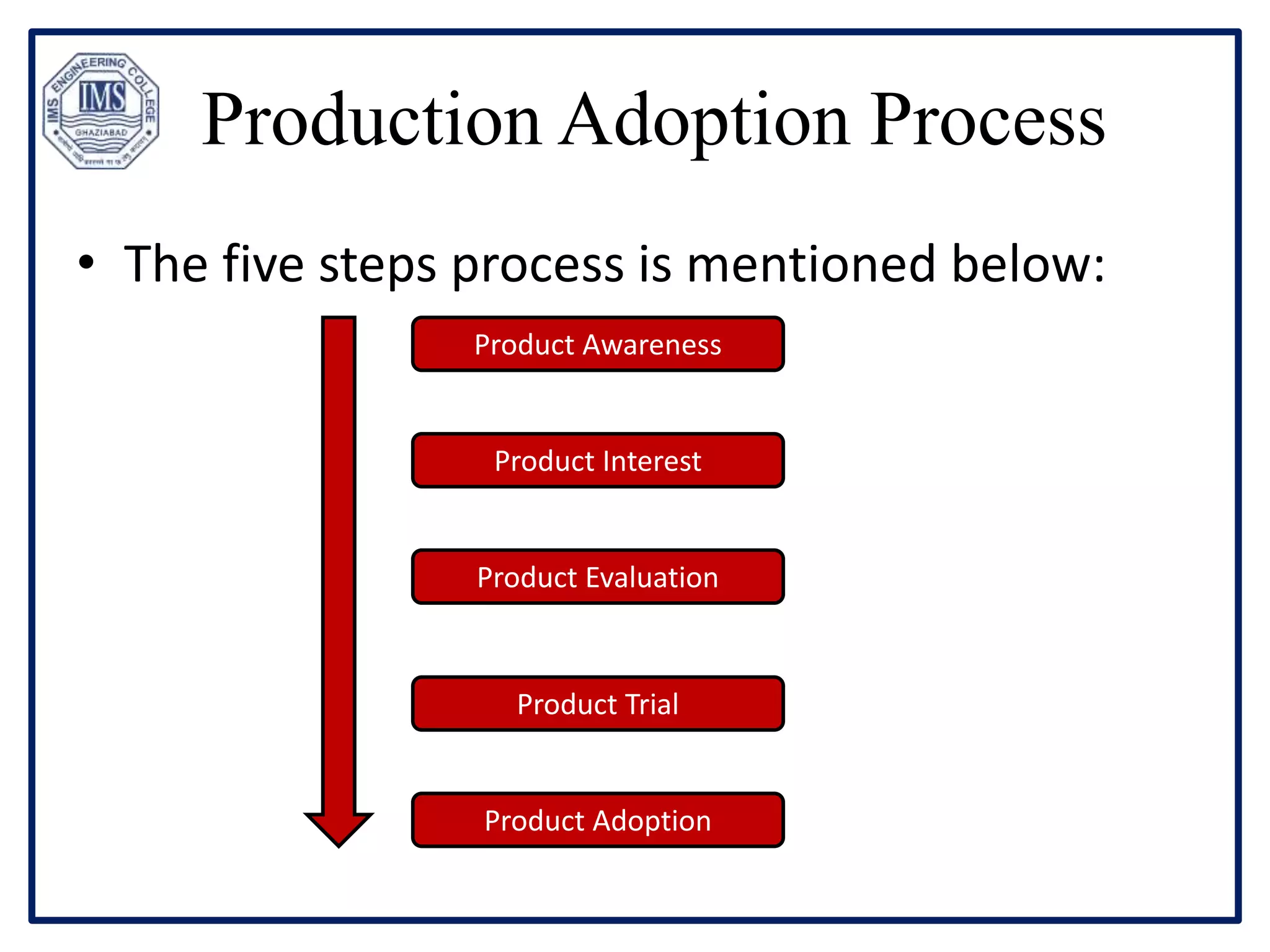Production Adoption Process
• The five steps process is mentioned below:
Product Awareness
Product Interest
Product Evaluation
Product Trial
Product Adoption
 