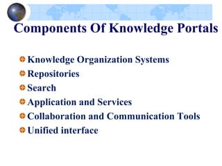 Components Of Knowledge Portals
Knowledge Organization Systems
Repositories
Search
Application and Services
Collaboration and Communication Tools
Unified interface
 