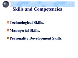 Skills and Competencies
Technological Skills.
Managerial Skills.
Personality Development Skills,
 