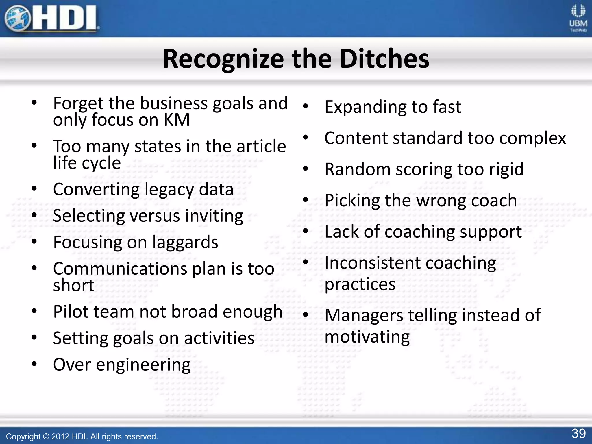Copyright © 2012 HDI. All rights reserved. 39
• Forget the business goals and
only focus on KM
• Too many states in the article
life cycle
• Converting legacy data
• Selecting versus inviting
• Focusing on laggards
• Communications plan is too
short
• Pilot team not broad enough
• Setting goals on activities
• Over engineering
• Expanding to fast
• Content standard too complex
• Random scoring too rigid
• Picking the wrong coach
• Lack of coaching support
• Inconsistent coaching
practices
• Managers telling instead of
motivating
Recognize the Ditches
 