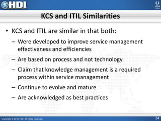 Copyright © 2012 HDI. All rights reserved. 34
KCS and ITIL Similarities
• KCS and ITIL are similar in that both:
– Were developed to improve service management
effectiveness and efficiencies
– Are based on process and not technology
– Claim that knowledge management is a required
process within service management
– Continue to evolve and mature
– Are acknowledged as best practices
 