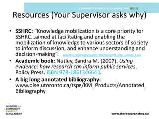 Resources (Your Supervisor asks why)
• SSHRC: “Knowledge mobilization is a core priority for
  SSHRC…aimed at facilitating and enabling the
  mobilization of knowledge to various sectors of society
  to inform discussion, and enhance understanding and
  decision-making”. www.sshrc.ca/web/apply/program_descriptions/mbf_public_outreach_e.asp
• Academic book: Nutley, Sandra M. (2007). Using
  evidence: how research can inform public services.
  Policy Press. ISBN 978-1861346643.
• A big long annotated bibliography:
  www.oise.utoronto.ca/rspe/KM_Products/Annotated_
  Bibliography


                                                                 www.theresearchshop.ca
 