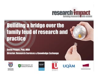 Building a bridge over the
family feud of research and
practice
David Phipps, PhD, MBA
Director, Research Services & Knowledge Exchange
 