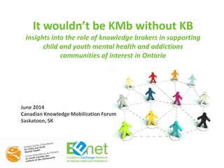It wouldn’t be KMb without KB
Insights into the role of knowledge brokers in supporting
child and youth mental health and addictions
communities of interest in Ontario
June 2014
Canadian Knowledge Mobilization Forum
Saskatoon, SK
 