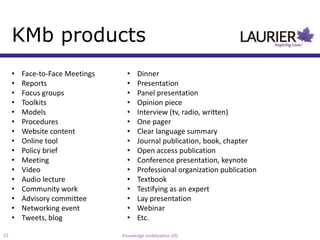 KMb products
     •   Face-to-Face Meetings     •   Dinner
     •   Reports                   •   Presentation
     •   Focus groups              •   Panel presentation
     •   Toolkits                  •   Opinion piece
     •   Models                    •   Interview (tv, radio, written)
     •   Procedures                •   One pager
     •   Website content           •   Clear language summary
     •   Online tool               •   Journal publication, book, chapter
     •   Policy brief              •   Open access publication
     •   Meeting                   •   Conference presentation, keynote
     •   Video                     •   Professional organization publication
     •   Audio lecture             •   Textbook
     •   Community work            •   Testifying as an expert
     •   Advisory committee        •   Lay presentation
     •   Networking event          •   Webinar
     •   Tweets, blog              •   Etc.

12                               Knowledge mobilization 101
 