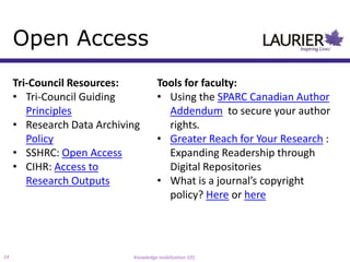 Open Access
     Tri-Council Resources:          Tools for faculty:
     • Tri-Council Guiding           • Using the SPARC Canadian Author
        Principles                     Addendum to secure your author
     • Research Data Archiving         rights.
        Policy                       • Greater Reach for Your Research :
     • SSHRC: Open Access              Expanding Readership through
     • CIHR: Access to                 Digital Repositories
        Research Outputs             • What is a journal’s copyright
                                       policy? Here or here




14                          Knowledge mobilization 101
 