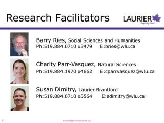 Research Facilitators

           Barry Ries, Social Sciences and Humanities
           Ph:519.884.0710 x3479                  E:bries@wlu.ca


           Charity Parr-Vasquez, Natural Sciences
           Ph:519.884.1970 x4662                  E:cparrvasquez@wlu.ca


           Susan Dimitry, Laurier Brantford
           Ph:519.884.0710 x5564                  E:sdimitry@wlu.ca




17                   Knowledge mobilization 101
 