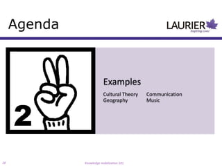 Agenda



                          Examples
                          Cultural Theory   Communication
                          Geography         Music




18            Knowledge mobilization 101
 