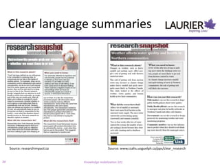 Clear language summaries




     Source: researchimpact.ca                   Source: www.csahs.uoguelph.ca/pps/clear_research


38                               Knowledge mobilization 101
 