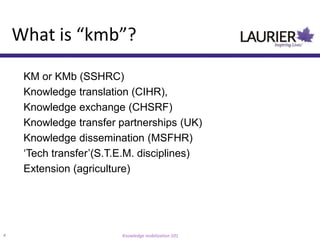 What is “kmb”?

     KM or KMb (SSHRC)
     Knowledge translation (CIHR),
     Knowledge exchange (CHSRF)
     Knowledge transfer partnerships (UK)
     Knowledge dissemination (MSFHR)
     „Tech transfer‟(S.T.E.M. disciplines)
     Extension (agriculture)




4                        Knowledge mobilization 101
 