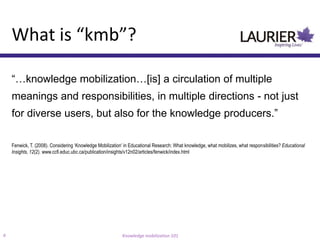 What is “kmb”?

    “…knowledge mobilization…[is] a circulation of multiple
    meanings and responsibilities, in multiple directions - not just
    for diverse users, but also for the knowledge producers.”

    Fenwick, T. (2008). Considering ‘Knowledge Mobilization’ in Educational Research: What knowledge, what mobilizes, what responsibilities? Educational
    Insights, 12(2). www.ccfi.educ.ubc.ca/publication/insights/v12n02/articles/fenwick/index.html




6                                                          Knowledge mobilization 101
 