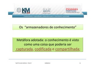 Os “armazenadores de conhecimento”


  Metáfora adotada: o conhecimento é visto
      como uma coisa que poderia ser
 capturada, codificada e compartilhada;


Engº Fernando Goldman – Painel 5   24/08/2012   12
 