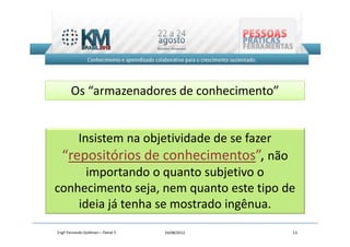 Os “armazenadores de conhecimento”


    Insistem na objetividade de se fazer
 “repositórios de conhecimentos”, não
      importando o quanto subjetivo o
conhecimento seja, nem quanto este tipo de
    ideia já tenha se mostrado ingênua.
Engº Fernando Goldman – Painel 5   24/08/2012   13
 