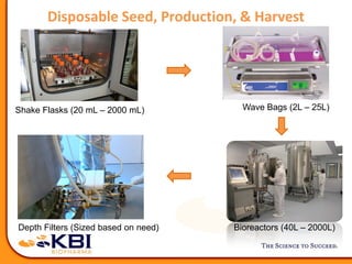 Disposable Seed, Production, & Harvest
Shake Flasks (20 mL – 2000 mL) Wave Bags (2L – 25L)
Bioreactors (40L – 2000L)Depth Filters (Sized based on need)
 