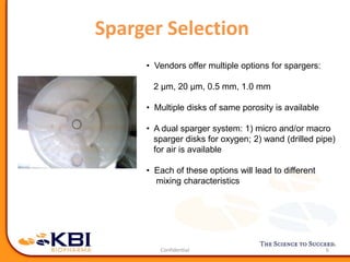 Sparger Selection
6
• Vendors offer multiple options for spargers:
2 μm, 20 μm, 0.5 mm, 1.0 mm
• Multiple disks of same porosity is available
• A dual sparger system: 1) micro and/or macro
sparger disks for oxygen; 2) wand (drilled pipe)
for air is available
• Each of these options will lead to different
mixing characteristics
 