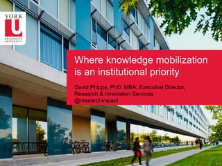 Where knowledge mobilization
is an institutional priority
David Phipps, PhD. MBA, Executive Director,
Research & Innovation Services
@researchimpact
 