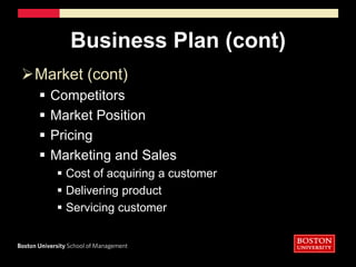 Elements of the Business Plan Executive Summary (1-2 pages)It’s all they read!Should be able to stand aloneDescription of the BusinessNature of businessWhat industry?What products and services?What stage of developmentHow does it fit?