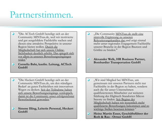 Partnerstimmen.
 "Die ACTech GmbH beteiligt sich an der            „Die Community MINTsax.de stellt eine
 Community MINTsax.de, weil wir motivierte         sinnvolle Ergänzung zu unseren
 und gut ausgebildete Fachkräfte suchen und        Rekrutierungskanälen dar und zeigt einmal
 diesen eine attraktive Perspektive in unserer     mehr unser regionales Engagement Fachkräfte
 Region bieten wollen. Durch die                   unserer Branche in der Region Bautzen und
 Mitgliedschaft hat sich unsere Online-            Görlitz zu binden."
 Sichtbarkeit deutlich erhöht. Das spiegelt sich
 vor allem in unseren Bewerbungseingängen
 wider."                                           Alexander Welk, HR Business Partner,
                                                   Bombardier Transportation GmbH
 Cornelia Bahr, kaufm. Leitung, ACTech
 GmbH


 "Die Heckert GmbH beteiligt sich an der           „Wir sind Mitglied bei MINTsax, um
 Community MINTsax.de, um den ständigen            gemeinsam mit unseren Partnern nicht nur
 Bedarf an guten Fachkräften mit innovativen       Fachkräfte in der Region zu halten, sondern
 Wegen zu decken. Seit der Teilnahme haben         auch die für unser Unternehmen
 sich unsere Bewerbungseingänge verdoppelt,        qualifiziertesten Mitarbeiter zur weiteren
 damit ist die Community unser erfolgreichster     Stärkung des Hightech Standortes Silicon
 Bewerberkanal geworden.“                          Saxony zu finden. Seit Beginn der
                                                   Mitgliedschaft haben wir wesentlich mehr
                                                   qualifizierte Bewerbungen bekommen und so
 Simone Illing, Leiterin Personal, Heckert         wichtige Stellen besetzen können.“
 GmbH
                                                   Heinz Martin Esser, Geschäftsführer der
                                                   Roth & Rau - Ortner GmbH
 