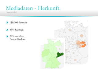 Mediadaten - Herkunft.
*Stand 14.01.2013




     110.000 Besuche

     43% Sachsen

     29% aus alten
     Bundesländern
 