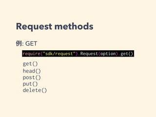 Request = require("sdk/request").Request;
sideBar = require("sdk/ui/sidebar").Sidebar({
id: 'sample-sidebar',
title: 'MiracleSidebar',
url: './sidebar.html',
onAttach: function(worker){
Request({
url: "http://api.openweathermap.org/data/2.5/weather?
q=Kyoto,jp",
// 天気情報を取得するAPIを利用してみる
onComplete: function(response){
worker.port.emit('ping', response.json)
}
}).get()
}
})
main.js
成功したらportで
サイドバー内のJSに送る
 