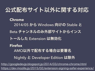 Firefoxにおける影響
アドオンのテストを行う場合はDeveloper Edition、
Nightly あるいはいずれかのノーブランド版で行う必
要がある。
AMOで配布しない場合も一度署名のために AMO へ
拡張機能ファイルをアップロードするという必須手
順が導入される。
 