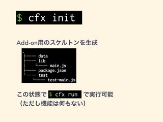 $ cfx init
$ mkdir firefox-addon-sample
// cfx initは空のディレクトリでのみ実行可能
$ cd firefox-addon-sample
$ cfx init
* lib directory created
* data directory created
* test directory created
* generated jID automatically: *********
* package.json written
* test/test-main.js written
* lib/main.js written
!
Your sample add-on is now ready.
Do "cfx test" to test it and "cfx run" to try it. Have fun!
 