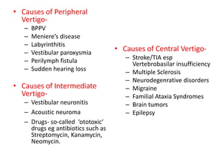 • Causes of Peripheral
Vertigo-
– BPPV
– Meniere’s disease
– Labyrinthitis
– Vestibular paroxysmia
– Perilymph fistula
– Sudden hearing loss
• Causes of Intermediate
Vertigo-
– Vestibular neuronitis
– Acoustic neuroma
– Drugs- so-called ‘ototoxic‘
drugs eg antibiotics such as
Streptomycin, Kanamycin,
Neomycin.
• Causes of Central Vertigo-
– Stroke/TIA esp
Vertebrobasilar insufficiency
– Multiple Sclerosis
– Neurodegenrative disorders
– Migraine
– Familial Ataxia Syndromes
– Brain tumors
– Epilepsy
 