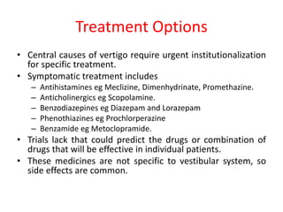 Treatment Options
• Central causes of vertigo require urgent institutionalization
for specific treatment.
• Symptomatic treatment includes
– Antihistamines eg Meclizine, Dimenhydrinate, Promethazine.
– Anticholinergics eg Scopolamine.
– Benzodiazepines eg Diazepam and Lorazepam
– Phenothiazines eg Prochlorperazine
– Benzamide eg Metoclopramide.
• Trials lack that could predict the drugs or combination of
drugs that will be effective in individual patients.
• These medicines are not specific to vestibular system, so
side effects are common.
 