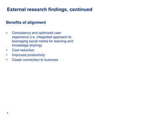 Increasing employee capability and performance is the most common driver, enabling nimbleness, flexibility and innovation.  As organizations mature in their KM and Learning practices, the desire for a single, integrated view of knowledge and learning increases.