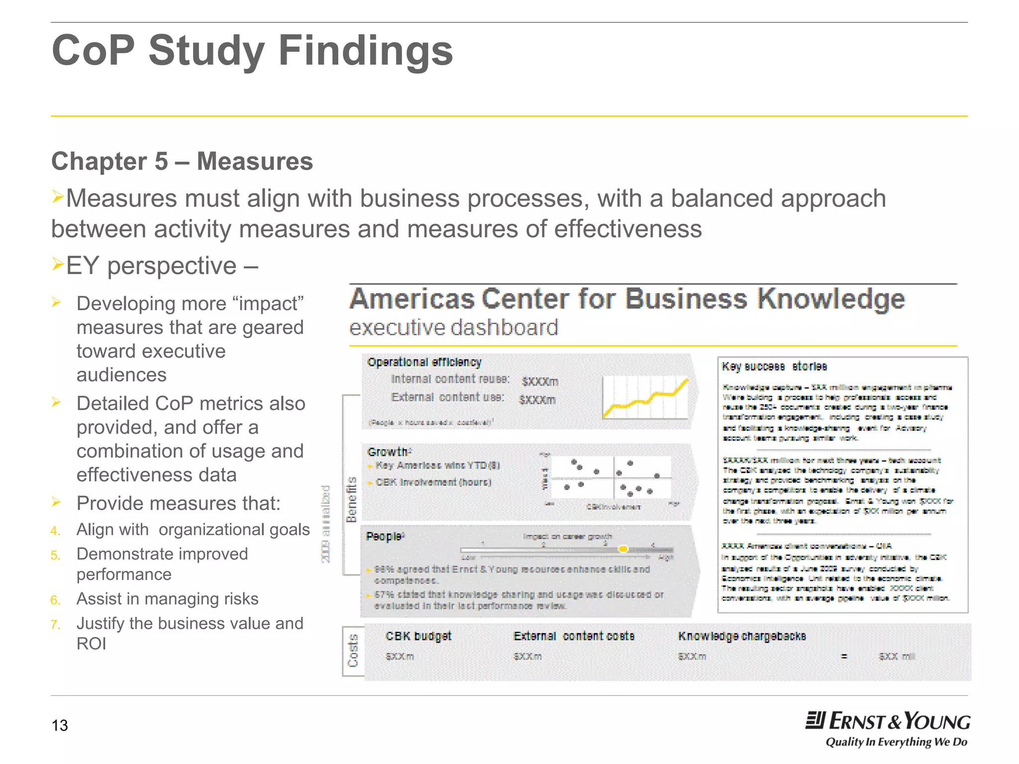 CoP Study Findings Chapter 5 – Measures Measures must align with business processes, with a balanced approach between activity measures and measures of effectiveness  EY perspective –  Developing more “impact” measures that are geared toward executive audiences Detailed CoP metrics also provided, and offer a combination of usage and effectiveness data Provide measures that: Align with  organizational goals Demonstrate improved performance Assist in managing risks Justify the business value and ROI 