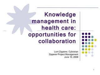 Knowledge management in health care: opportunities for collaboration Lorri Zipperer, Cybrarian Zipperer Project Management June 10, 2008 