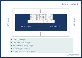 level 7 – option 3
Sole Leasing Agency
KMC MAG Group/Savills
39thStreet
40thStreet
430.45 sq m 420.19 sq m
 GLA – 1,100 sq m
 Deck area – 888.75 sq m
 7.00 m floor-to-ceiling height
 Spaces may be combined
 Suitable for restaurants and offices
 