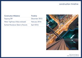 construction timeline
Construction Milestone Timeline
Topping Off December 2015
Water Tightness (Fully enclosed) February 2016
Earliest Handover Date to Tenants April 2016
Sole Leasing Agency
KMC MAG Group/Savills
 