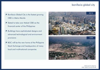  Bonifacio Global City is the fastest growing
CBD in Metro Manila
 Slated to take over Makati CBD as the
financial center of the Philippines
 Buildings have sophisticated designs and
advanced technological and environment
provisions
 BGC will be the new home of the Philippine
Stock Exchange and headquarters of many
local and multinational companies
bonifacio global city
Sole Leasing Agency
KMC MAG Group/Savills
2015
1999
 