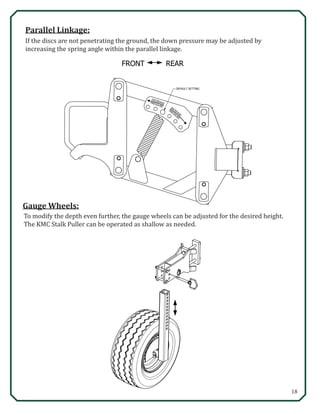 18
Parallel Linkage:
If the discs are not penetrating the ground, the down pressure may be adjusted by
increasing the spring angle within the parallel linkage.
INCREASE
PRESSURE
DECREASEPRESSURE
DEFAULT SETTING
FRONT  REAR
Gauge Wheels:
To modify the depth even further, the gauge wheels can be adjusted for the desired height.
The KMC Stalk Puller can be operated as shallow as needed.

 