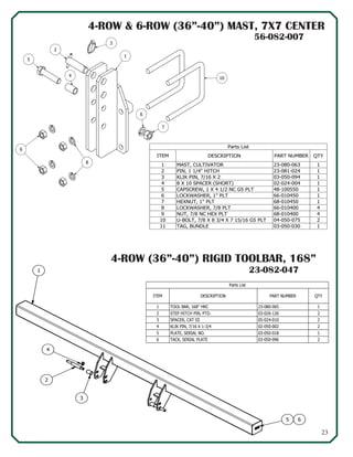 23
10
3
2
5
4
8
9
6
7
1
1
3
2
4
5 6
4-ROW & 6-ROW (36”-40”) MAST, 7X7 CENTER
Parts List
QTYPART NUMBERDESCRIPTIONITEM
123-080-063MAST, CULTIVATOR1
123-081-024PIN, 1 1/4" HITCH2
103-050-094KLIK PIN, 7/16 X 23
102-024-0048 X 10 SPACER (SHORT)4
148-100550CAPSCREW, 1 X 4 1/2 NC G5 PLT5
166-010450LOCKWASHER, 1" PLT6
168-010450HEXNUT, 1" PLT7
466-010400LOCKWASHER, 7/8 PLT8
468-010400NUT, 7/8 NC HEX PLT9
204-050-075U-BOLT, 7/8 X 8 3/4 X 7 15/16 G5 PLT10
103-050-030TAG, BUNDLE11
4-ROW (36”-40”) RIGID TOOLBAR, 168”
Parts List
QTYPART NUMBERDESCRIPTIONITEM
123-080-065TOOL BAR, 168" HRC1
203-026-126STEP HITCH PIN, PTD.2
205-024-010SPACER, CAT III3
202-050-002KLIK PIN, 7/16 X 1-3/44
103-050-018PLATE, SERIAL NO.5
203-050-096TACK, SERIAL PLATE6
56-082-007
23-082-047
 
