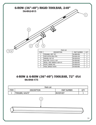 24
1
5
2 3 4
67
1
6-ROW (36”-40”) RIGID TOOLBAR, 240”
4-ROW & 6-ROW (36”-40”) TOOLBAR, 72” 4X4
Parts List
QTYPART NUMBERDESCRIPTIONITEM
156-080-050TOOLBAR, 240" 7X71
203-026-126STEP HITCH PIN, PTD.2
205-024-010SPACER, CAT III3
202-050-002KLIK PIN, 7/16 X 1-3/44
202-050-053DECAL, KMC GREEN 3-3/8 X 95
103-050-018PLATE, SERIAL NO.6
203-050-096TACK, SERIAL PLATE7
Parts List
QTYPART NUMBERDESCRIPTIONITEM
106-024-027TOOLBAR, 4x4x72"1
06-080-175
56-082-015
 